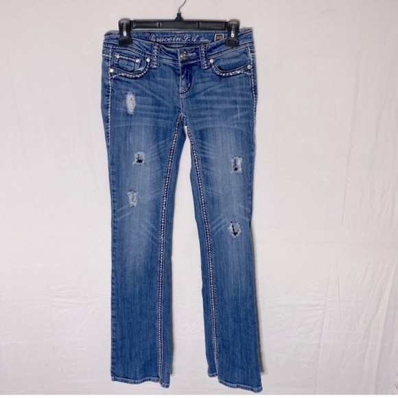Grace In L.A. Distressed Low Rise Straight Leg Embroidered Flap Pocket Jeans 25 - Picture 16 of 16
